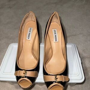 Steve Madden Black and Tan Buckle Peep Toe Heels
